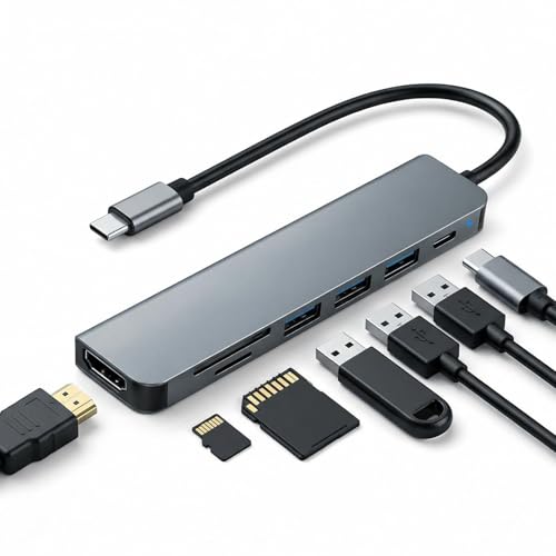 Hub USB C 7 en 1 con PD 100W, Docking Station Tipo C con 3X USB 3.0 5Gbps, Adaptador Multipuerto con HDMI 4K@30Hz, Lector Tarjetas SD/TF, Multipuerto Adaptador Tipo C para iPhone MacBook Air iMac iPad