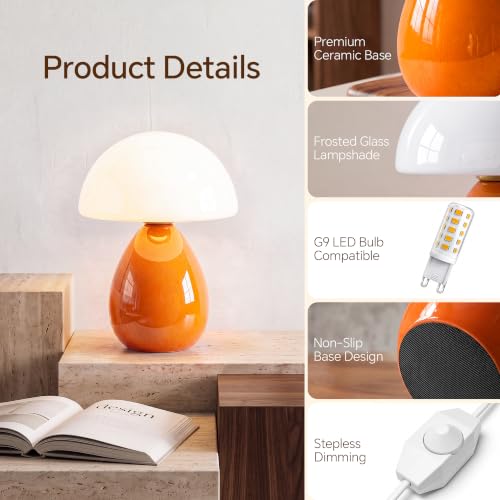 Image of Dawnwake Mushroom Lamp Table Lamp for Bedroom-Small Desk Table Lamps,Orange | Ice Crackle 10.08 inch Mid Century Modern Table Lamps for Living Room Bedroom Decor,Ceramic Lamps for Home Room Decor,Glass Shade