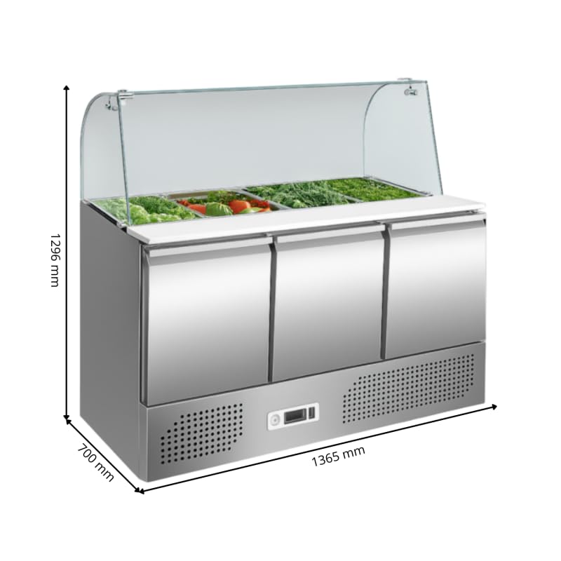 Générique Saladette Refrigerata Professionale 3 Porte con Vetro Bombato GN 1/1-368 Litri