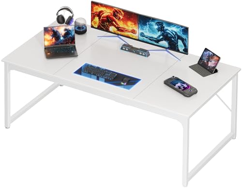 Image of PRAISUN 63 x 29.5 Inch Computer Desk with Deeper Desktop, Gaming Office Writing Work Desk for Home Office, Study, Bedroom, Work from Home, Metal Frame, White