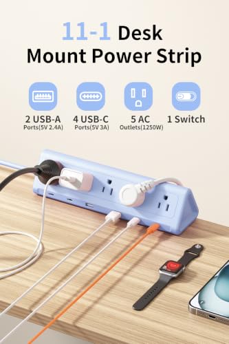 Image of 6.5 FT Desk Clamp Power Strip with 5 AC Outlets & 6 USB Ports PD 40W USB-C Fast Charging, Extension Cord with Multiple Outlets, Fits 2.1 in top Edge Blue