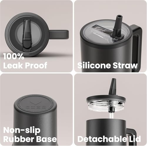 Image of House of Quirk 1200ML Tumbler with Handle & Simple Flip Straw - Car Cup Holder Friendly, Leak Resistant Stainless Steel Water Bottle with Rubber Base (Black)