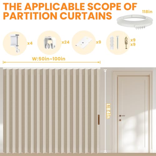Image of Room Divider Curtain Sets with Flexible Ceiling Track, Privacy Soundproof Curtain for Bedroom Office Patio Sliding Door(Beige, W100 x L84, 1 Pack)