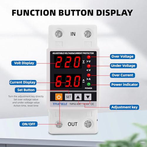 Image of HIVAGI Taxnele 63A 230V Digital Energy Meter with Over /Under Voltage & Overload Protection | Adjustable Voltage Protector with Auto Reconnect, Dual LED Display, DIY Din Rail Installation