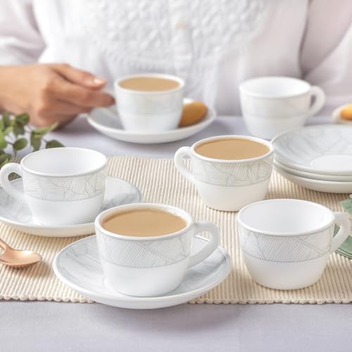 Image of Larah by BOROSIL 140ml Opalware Ivy Tea /Coffee 6pc Cup & 6pc Saucer Set, Microwave & Dishwasher Safe Embossed Design Crockery Set Ideal for Daily Use & Gifting
