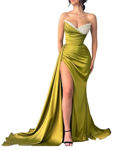 Sleeveless Beaded Satin Mermaid Dress V-Neck Pleated Party Dresses for Women Formal Evening Gowns with High Slit