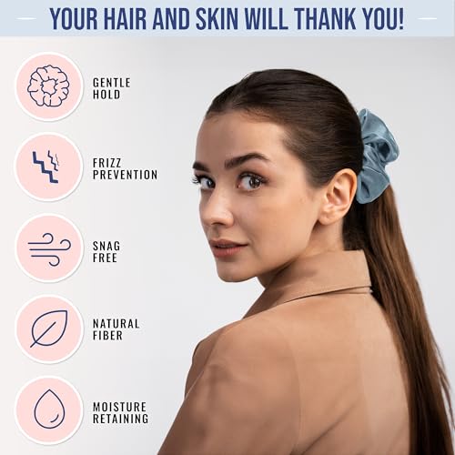 Image of Blissy Silk Scrunchies (3 Pack) - 100% Pure Mulberry Silk - 22 Momme 6A High-Grade Fibers Scrunchie for Straight & Curly Hair - Preventing Breakage, Tangling, & Creasing (Ash Blue Regular)