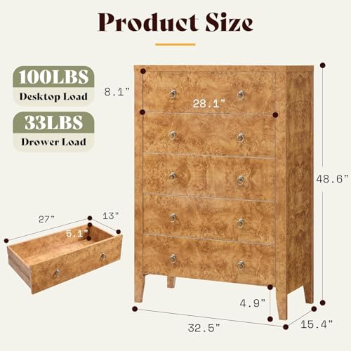 Image of AMERLIFE 3-Piece Mid-Century Bedroom Set, 2 Nightstands & 5-Drawer Dressers