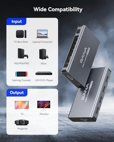 Image of HDMI Switch 5 in 1 Out 4K@60Hz, GANA HDMI Splitter Switcher with Remote, Aluminum HDMI 2.0 Switch Box Hub for 3D, HDCP2.2, HDR, Compatible with Xbox, PS5 /4 /3,Fire Stick,Roku,Blu-Ray Player, Grey