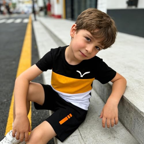 Image of Yoxindax Toddler Kid Boy Clothes Colorblock Letter Graphic Tee Shorts 2PC Summer Outfit Set
