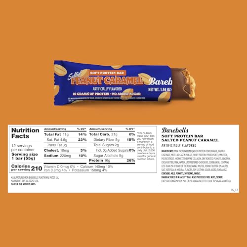 Image of Barebells Soft Protein Bars Salted Peanut Caramel - 12 Bars, Pack of 1-16g High Protein Treats - Chocolate Nutrition Bar with 1g Total Sugars - On The Go Breakfast or Post-Workout Snack