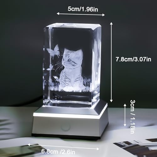Image of 3D Crystal Night Light with Multicolor LED Base Glass Laser Engraved Cat Figurine Gift for Women Cat Lovers Birthday Christmas Room Decor