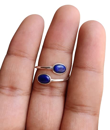 Bague Lapis Lazuli Naturel Bleu Lapis Forme Ovale Pierre Précieuse Bague en Argent Sterling 925 2 Pierre Anneau de Contournement Bijoux de Pierre de Naissance...