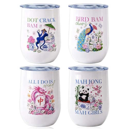 Image of AFRITEE 4 Pcs Mahjong Tumbler 12oz Stainless Steel Cup Mah Jong Lovers Gift