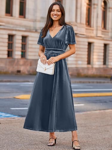 Image of Simplee Women's Velvet Maxi Dress V Neck Short Sleeve Empire Waist Semi Formal Long Cocktail Dresses