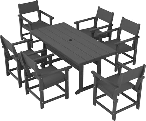 BIVODA 7-Piece HDPE Outdoor Dining Set, All-Weather Patio Table and Chairs Set for Outside, Backyard, Deck, Garden, Composite Dining Furniture for 6 Person (Black)