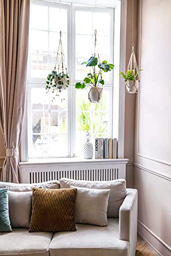 Image of Leafy Tales Macrame Cotton Plant Hanger (Without Pot), Rope Flower Pot Holder for Indoor Outdoor Balcony Garden Wall (White, Cross X Design, Set of 2), Long
