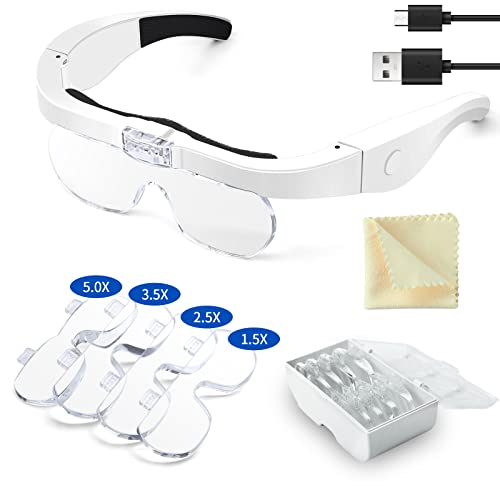 OBOVO Gafas de Lupa con luz, 1,5X, 2,5X, 3,5X, 5,0X de aumentos, Lentes extraíbles, USB Recargable...