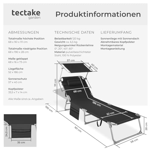 tectake® Sonnenliege klappbar, tragbar, Liege mit Seitentasche, Strandliege, Gartenliege mit Dach, Liegestuhl mit Verstellbarer Rückenlehne, inkl. Kopfkissen - für Balkon, Terrasse, Camping - schwarz