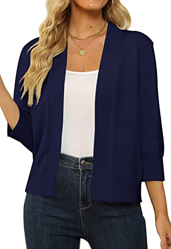 Image of Women's 3 /4 Sleeve Cropped Cardigan Sweater Open Front Short Shrugs Cardigans Lightweight Sweaters