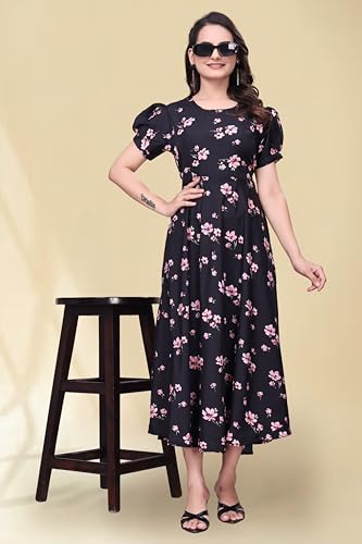 Image of Women's A-Line Crepe Maxi Dress | Stylish Fit and Flare Dress with Round Neck Short Puff Sleeves for Casual Wear