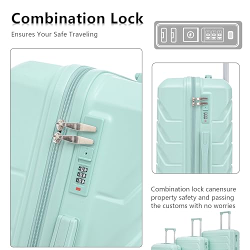 3 Piece Luggage Sets for Women, Hard Shell Suitcases with Spinner Wheels, Travel Luggage with TSA Lock & Hooks, Lightweight, 20”/24”/28” (Mint Green)3