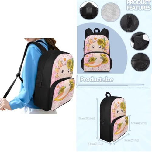Kuiaobaty Pink Axolotl 15 Inches Girls Book Bag and Lunch Box Kawaii Backpack and Pencil Box for Daycare Thicken School Bag with Lunch Bag for Kids School Supplies Gift for Birthday2