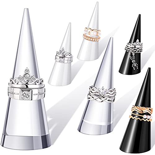 Jetec 6 Pieces Clear Acrylic Crystal Ring Holder Acrylic Ring Display Jewelry Holder Wedding Display Cone Support Single Finger Rings Showcase Stand for Jewelry (Black,Transparent,White)
