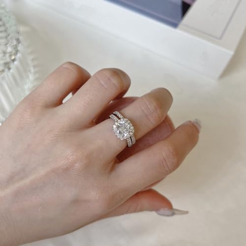 Halo Wedding Ring Set for Women Bridal Sets Wedding Rings Platinum Plated Silver, 1-1/2 Carat (ctw) Moissanite Engagement Ring Set White Gold Anniversary Promise Rings for Her3