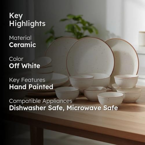 Image of Stoneware Handpainted Premium Ceramic 19 Pieces Dinner Set with 6 Dinner Plates & 12 Bowls with 1 Large Bowl, Serving for 6
