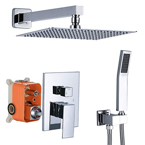 TNOMS Shower Faucets Set Complete Polished Chrome Shower Combo System With Valve,10'' Rainfall Shower Head and Handheld. SA010P-A