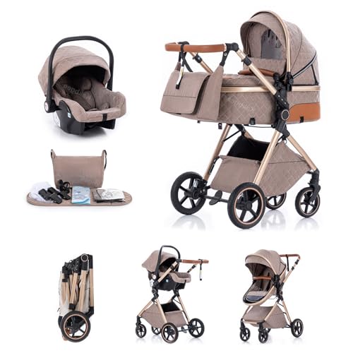 Kakbgee Trio Poussette 3 en 1 avec Siège Auto, Landau Bébé Pliable, 7 Positions Poignée, Suspension 4 Roues, Housse Pluie, Moustiquaire, Système de Voyage...