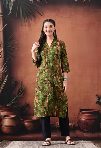 Image of Ichaa Women's Pure Cotton A-Line Ethnic V-Neck Kurta with 3 /4th Sleeve for Daily and Office Wear, in Plus Sizes
