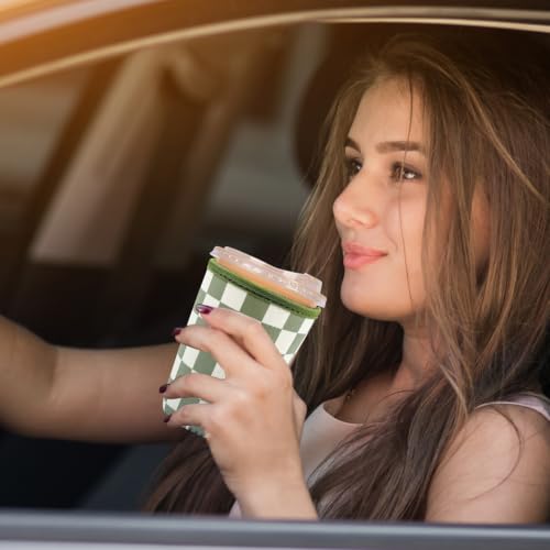 Image of Reusable Insulated Neoprene Iced Coffee Cup Sleeve, Durable Drink Sleeve for Cold Beverages, Beverage Holder for Iced Coffee (Olive Checkers)