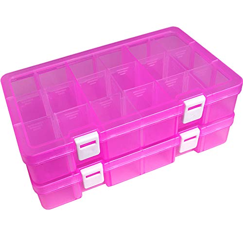 Image of DUOFIRE Plastic Organizer Storage Box, Adjustable Divider 18 Grids,Pink x 2