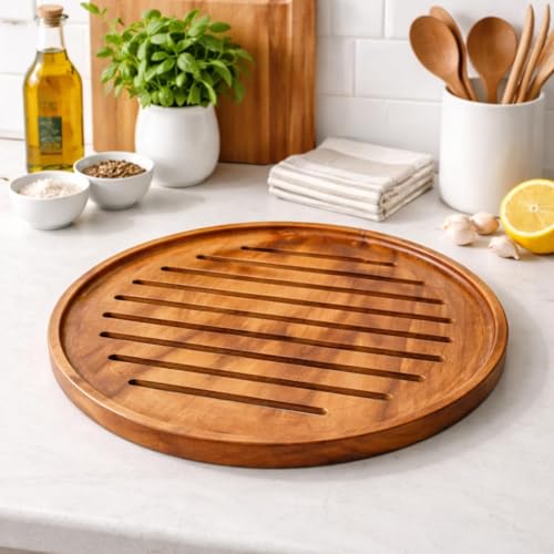 Image of Roti Cooling & Serving Wooden Plate 12 Inch | Premium Teak Wood Wooden Chakla with Anti-Slip Pads | Anti-Moisture & Termite-Free Chapati Serving Stand for Kitchen & Dining (12 Inch)