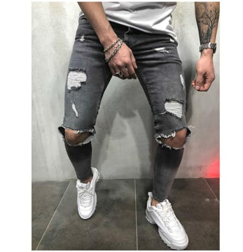 Jeans Pants Trouser Denim Street Trendy Piercing Water Wash Blue Grinding White Stretch Tight Leg for Men3
