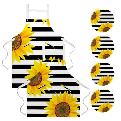 Lot de 2 tabliers de cuisine à rayures noires et motif tournesol pour la maison