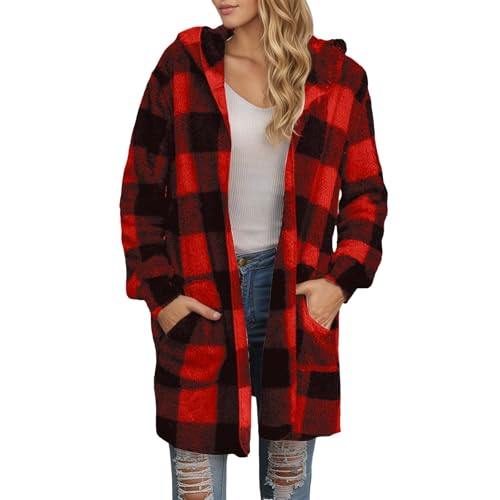 Abrigos cálidos genéricos para mujer para otoño e invierno chaqueta casual con capucha de lana a cuadros sueltos gabardina con bolsillos Cárdigan casual y minimalista, rojo, L