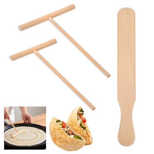3 Pièces Spatule Crepe en Bois de Hêtre, Crêpes en Bois Spatule en Crepiere Râteau, Forme en T Spatules A Crepe Rake Crep, Ensemble Retourneur de Crêpes...