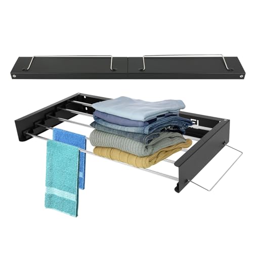 CEIEVER Wall Mounted Clothes Drying Rack, Laundry Drying Rack Airer 80/100CM Clothes Drying Rack Collapsible Folding Retractable Clothes Drying Rack for Indoor or Outdoor (Black-80CM)