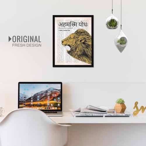 Image of Chaka Chaundh -Unique Sanskrit Quotes Art - Lion Motivational Sanskrit Quotess Framed Poster - Inspirational Quotess for Student study room - 14 X 11 inches - I am a warrior