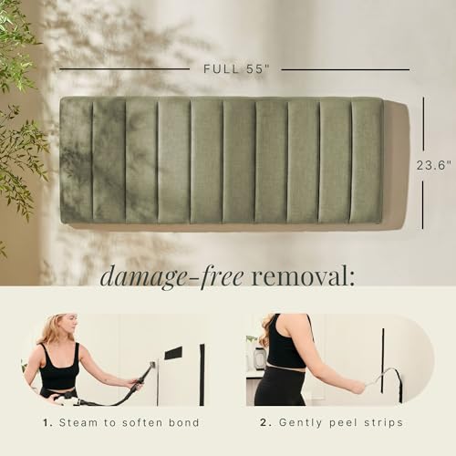 Image of Hearth & Harbor Wall Mounted Full Headboard Only, Bed Headboard Full Size | Easy Assemble, Floating Peel & Stick, Upholstered Channel Stitched, 3D Wall Panels, 5 Strips of 3M Tape Included, Olive Green