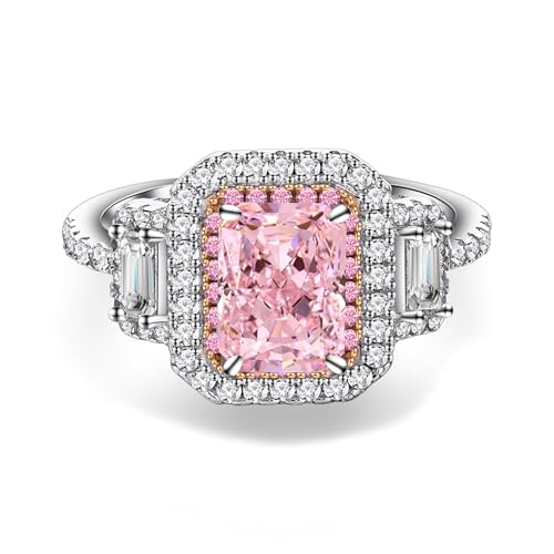 1 Carat 5 * 7mm Pink Emerald Cut Zirconia Sterling Silver Ring with Side Stones, Elegant Princess Cut Cubic Zirconia Engagement Ring for Women, Anniversary, Birthday Jewelry