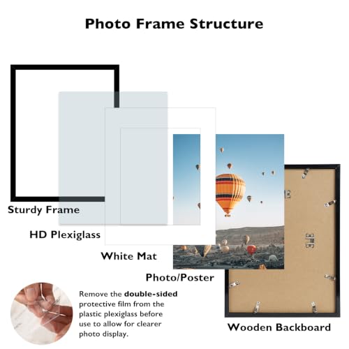 Image of JCJMY 12x16 Picture Frame Set of 4 with 8.5x11 Mat, Black 12 x 16 Poster Frames with Shatter Resistant Plexiglass, Display 8.5 x 11 with Mat or 12 by 16 Without Mat, Sturdy Wall Hanging Frame, 4 Pack