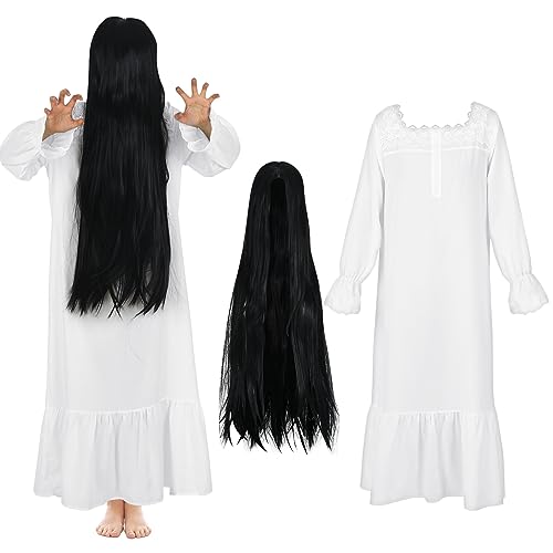 Ramede 2 Pcs Women Ghost Costume Set with White Victorian Vintage Nightgown Gown Black Wig for Horror Halloween Cosplay (Medium)