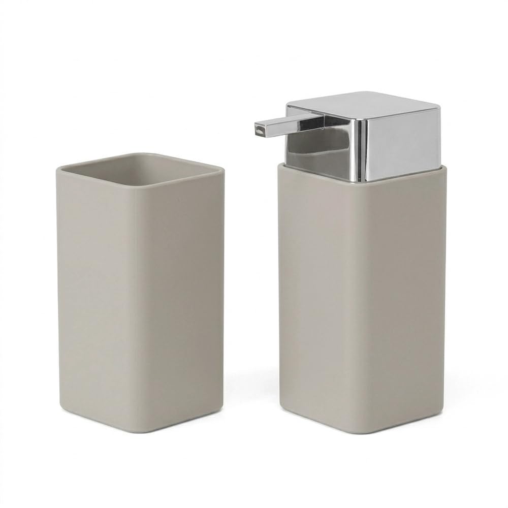 Set Accessori Bagno 4 Pezzi Beige E Cromo – Dispenser Sapone, Portaspazzolini, Portasapone E Porta scopino WC In Plastica – Linea Star