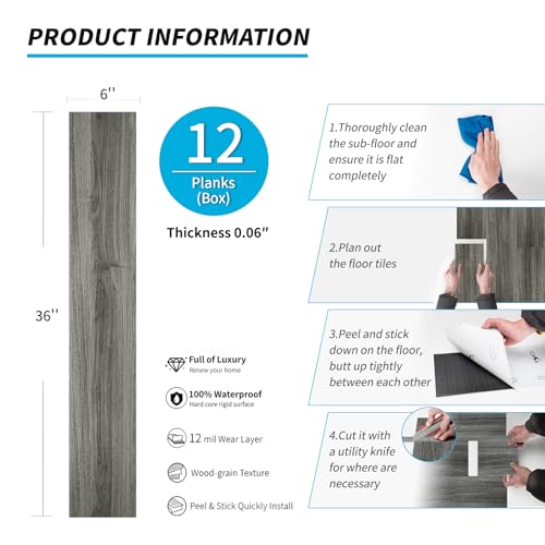 Image of Art3d 12-Pack Peel and Stick Vinyl Floor Tiles (18 Sq.Ft), Deep Gray