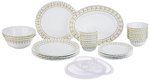 Image of Larah by Borosil Ora Gold Fluted Series Opalware Dinner Set | 36 Pieces for Family of 8 | Microwave & Dishwasher Safe | Bone-Ash Free | Crockery Set for Dining & Gifting | Plates & Bowls | White