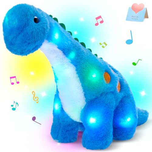 Image of Houwsbaby 14" Blue Musical LED Dinosaur Stuffed Animal Floppy Diplodocus Plush Toy Singing Light Up Adorable Long Neck Lullaby Animated Soothe Baby Birthday Christmas Halloween for Kids Boy Toddlers